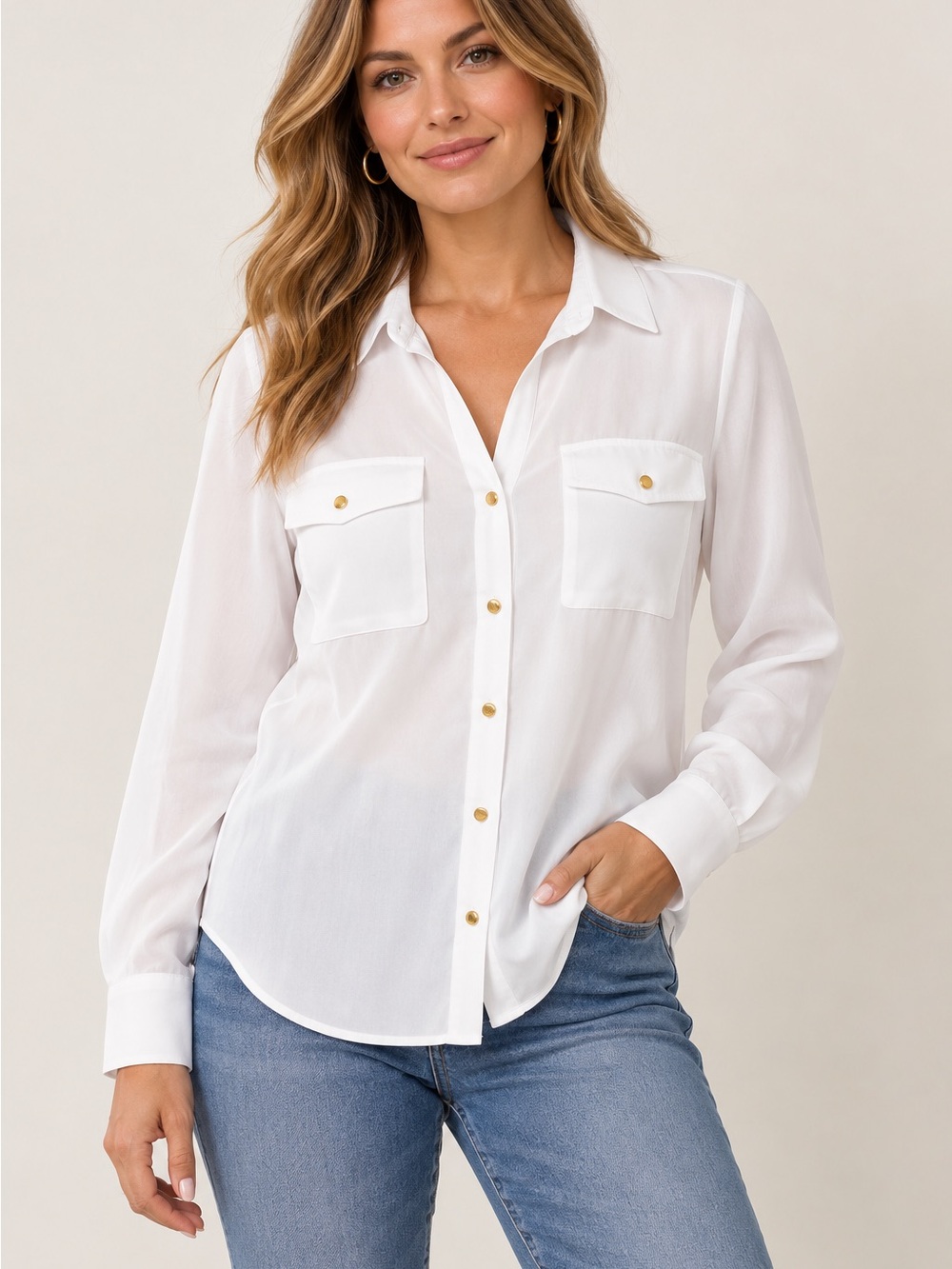 INC International Concepts NWT White Button-Front Pocket Blouse